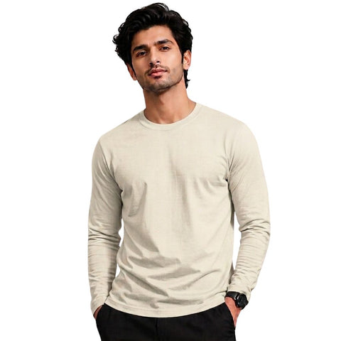 Men’s Solid Off-White Long Sleeve T-Shirt – Casual Full Sleeve Shirt