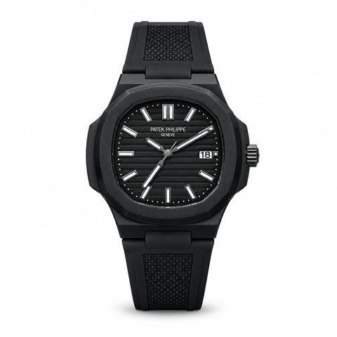 Black strap watch with black dial on white background