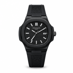 Black strap watch with black dial on white background