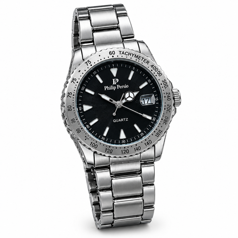 Silver-tone Philip Persio-labelled gents watch with black dial on white background