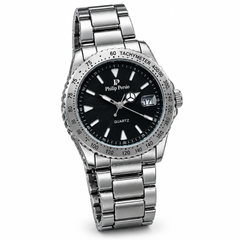 Silver-tone Philip Persio-labelled gents watch with black dial on white background