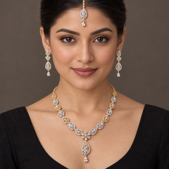 AI-generated adult model styling a two-tone teardrop necklace, earrings and maang tikka