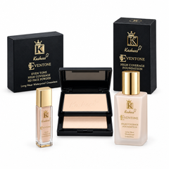 Kashees Even Tone foundation, concealer and open double face powder compact with packaging on white