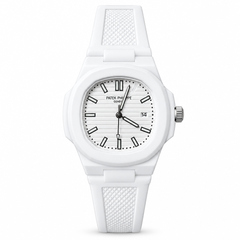 White rubber-strap date watch on white background
