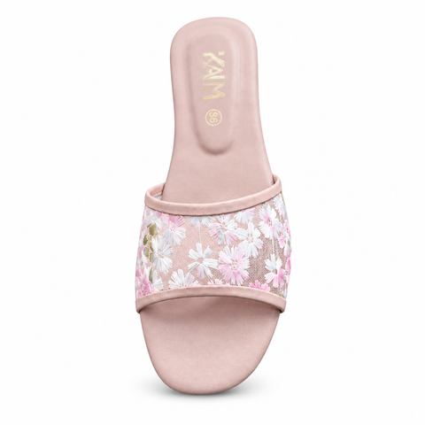 Pink floral flat slipper on white background