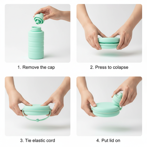 Silicone foldable bottle folding instructions 4 steps - white background