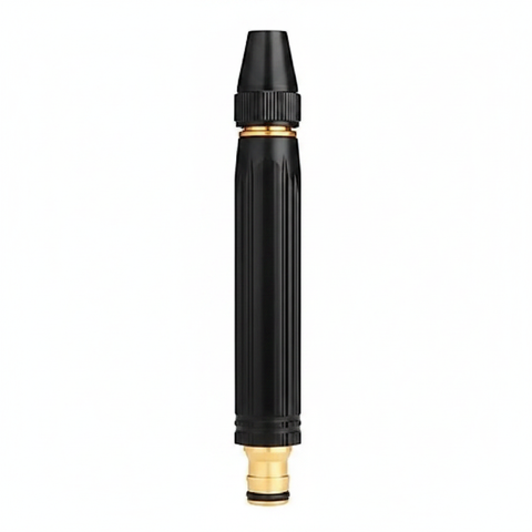 Black metal high pressure water spray nozzle with gold brass connector - white background