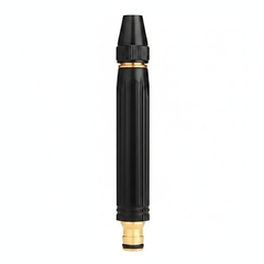 Black metal high pressure water spray nozzle with gold brass connector - white background