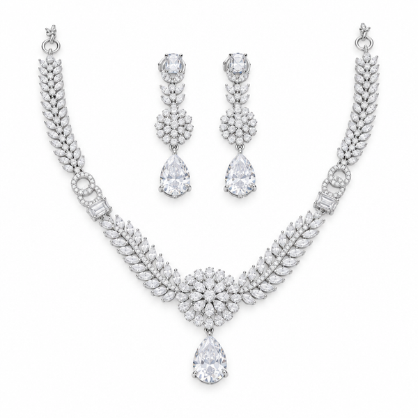 AD Zircon Floral Necklace & Matching Drop Earrings Set