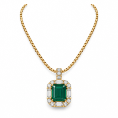 Gold-tone necklace with green rectangular halo pendant