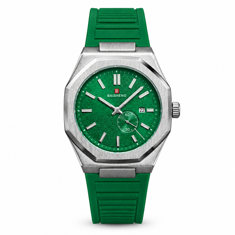 Green dial watch with green strap on white background