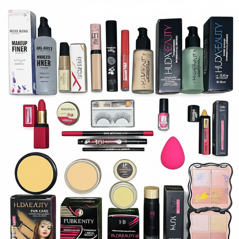Luxury professional makeup kit flat lay on white background