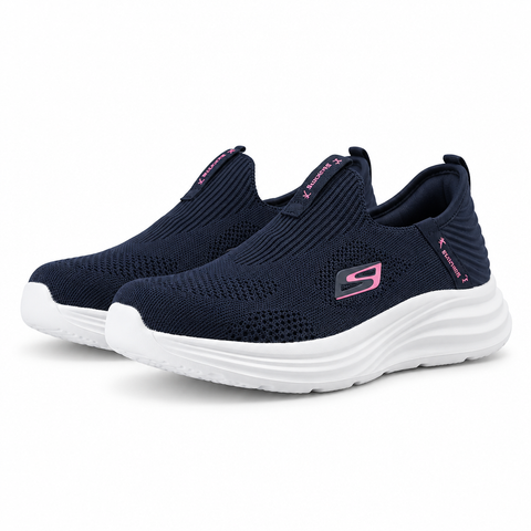 Dark blue knit slip-on shoes on white background