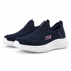 Dark blue knit slip-on shoes on white background