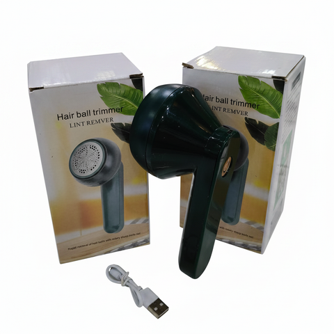 Hair Ball Trimmer with packaging boxes and USB cable - white background