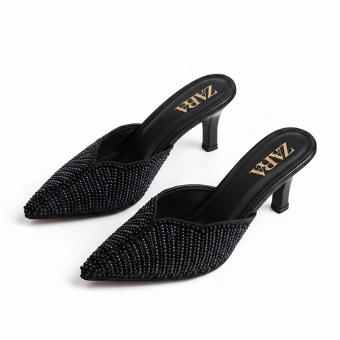 Zara Embroidered Heel for Girls – Black rhinestone, white background