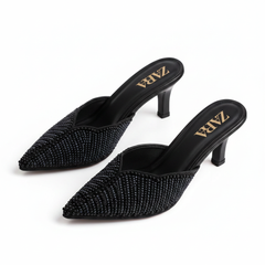 Zara Embroidered Heel for Girls – Black rhinestone, white background