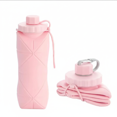 Pink silicone foldable collapsible water bottle expanded and folded - white background