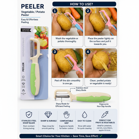 Vegetable potato peeler infographic how to use 4 steps pink blue handle - white background