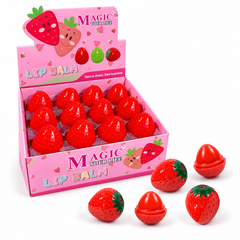 Strawberry-shaped lip balm containers and pink display box on a clean white background