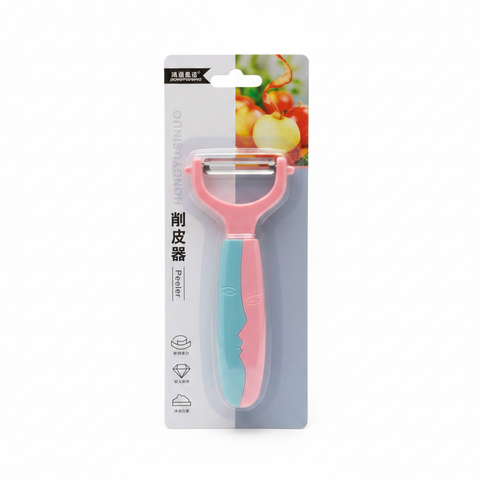 Hongyusinuo vegetable fruit peeler pink blue handle retail packaging - white background