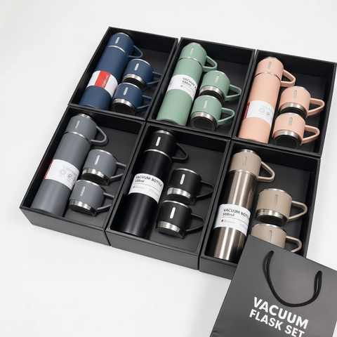 Vacuum Flask Gift Set 6 color variants in black gift boxes - white background