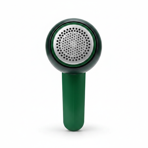 Green USB rechargeable electric lint remover fabric shaver - white background