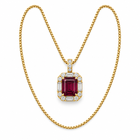 Gold-tone necklace with burgundy rectangular halo pendant