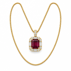 Gold-tone necklace with burgundy rectangular halo pendant
