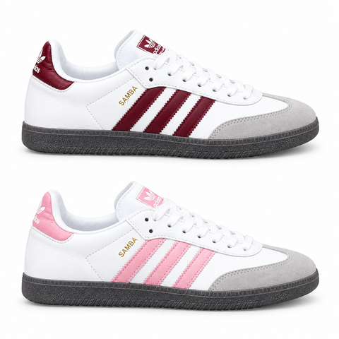 Both burgundy and pink ladies’ Samba-style sneakers on white background