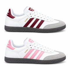 Both burgundy and pink ladies’ Samba-style sneakers on white background