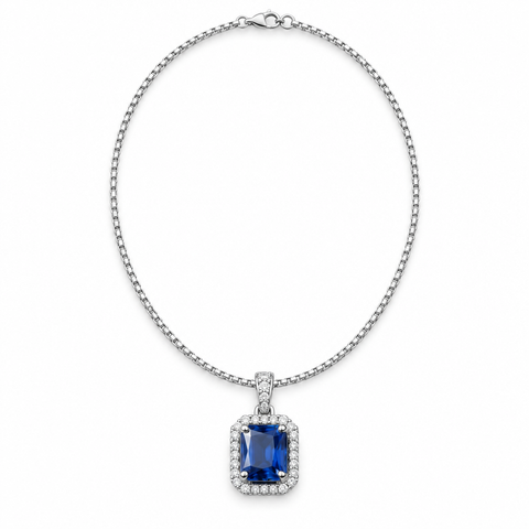 Blue rectangular pendant necklace on white background