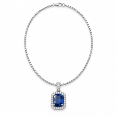 Blue rectangular pendant necklace on white background