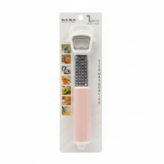7-in-1 multifunctional vegetable fruit peeler slicer grater can opener pink handle in retail packaging - white background