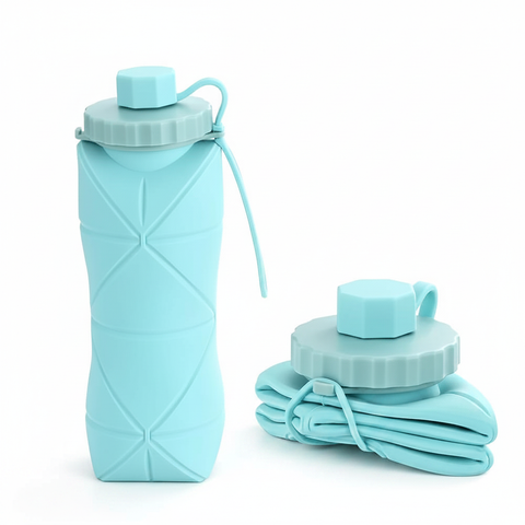 Teal silicone foldable collapsible water bottle expanded and folded - white background