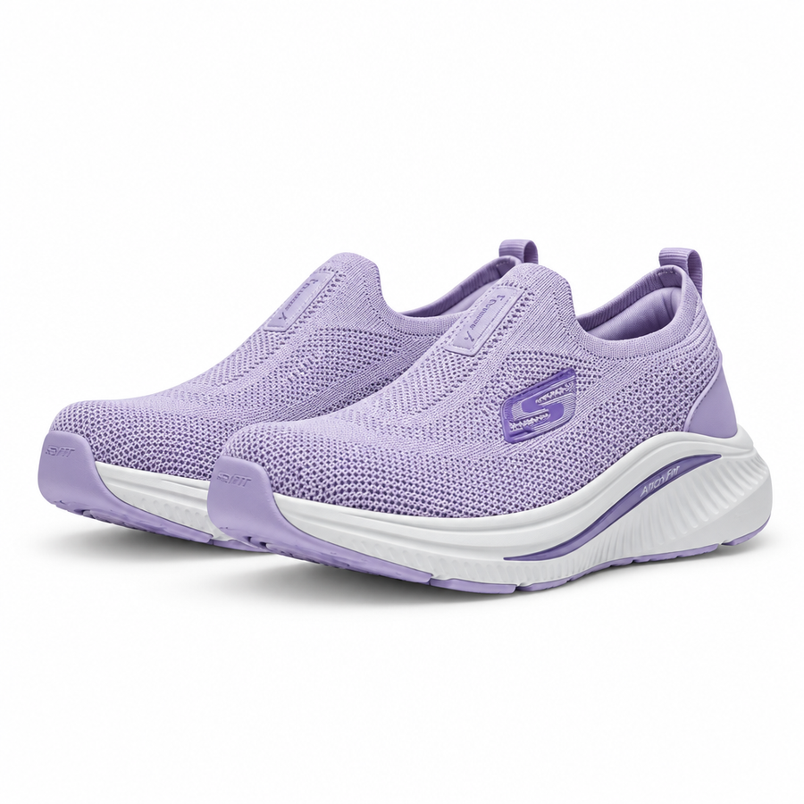 Purple knit slip-on shoes on white background