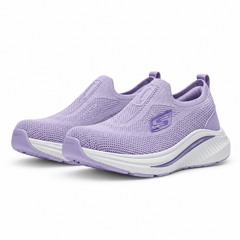 Purple knit slip-on shoes on white background