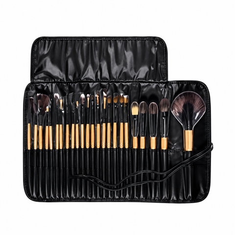 Makeup brushes in an open black storage case on a clean white background