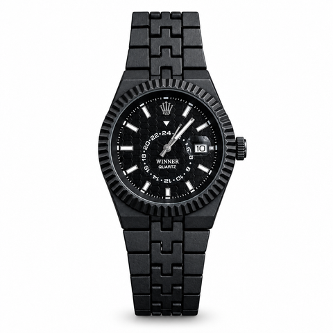 Black WINNER-labelled watch with date window and link bracelet