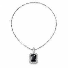 Black rectangular pendant necklace on white background