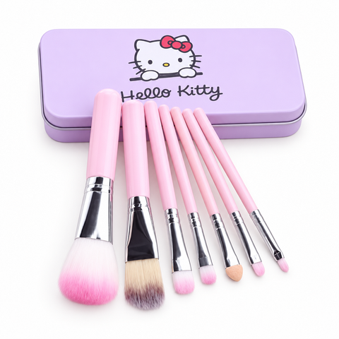 Pink makeup brushes with Hello Kitty-themed purple tin on white background