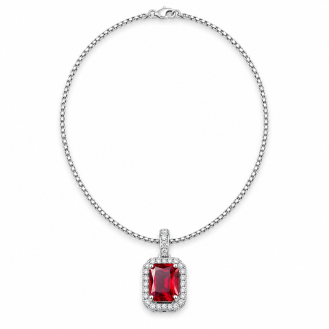 Red rectangular pendant necklace on white background