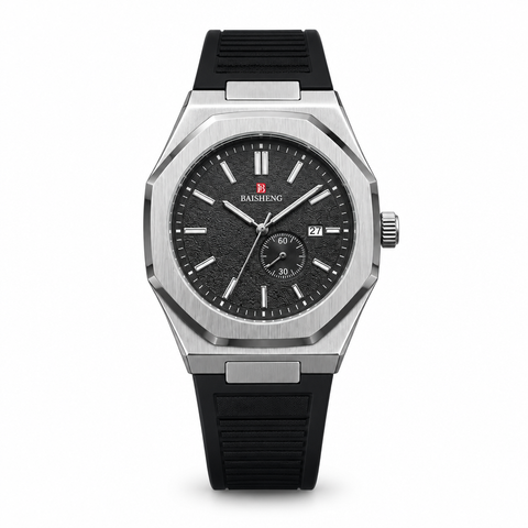 Black dial watch with black strap on white background