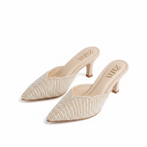 Zara Embroidered Heel for Girls – Fone pearl, white background