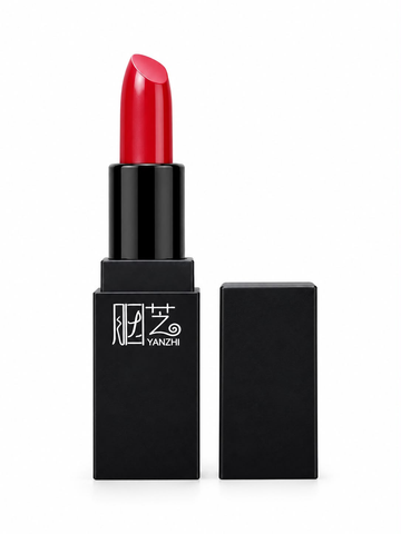Red-toned lipstick in black YANZHI-labelled case with cap