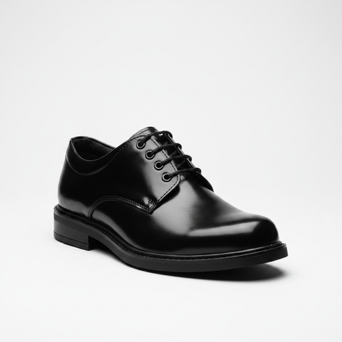 Black leather Derby Oxford shoe on white background