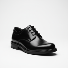 Black leather Derby Oxford shoe on white background