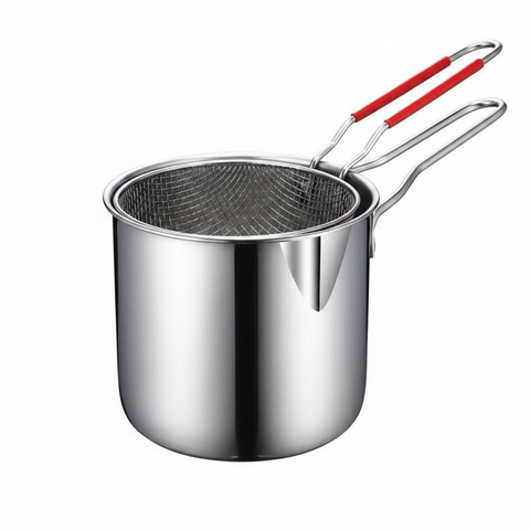 Stainless Steel Deep Frying Pot with Strainer Basket and Tongs - white background