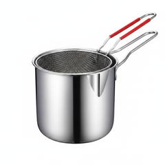 Stainless Steel Deep Frying Pot with Strainer Basket and Tongs - white background