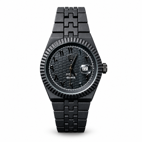 Black textured-dial watch with date window and link bracelet